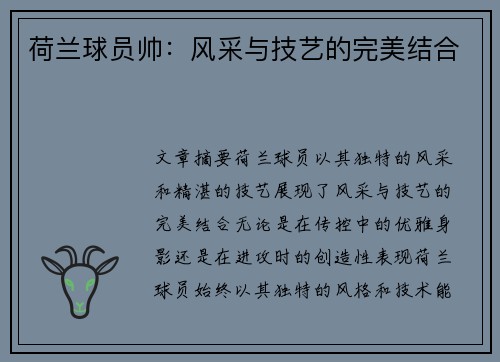 荷兰球员帅：风采与技艺的完美结合